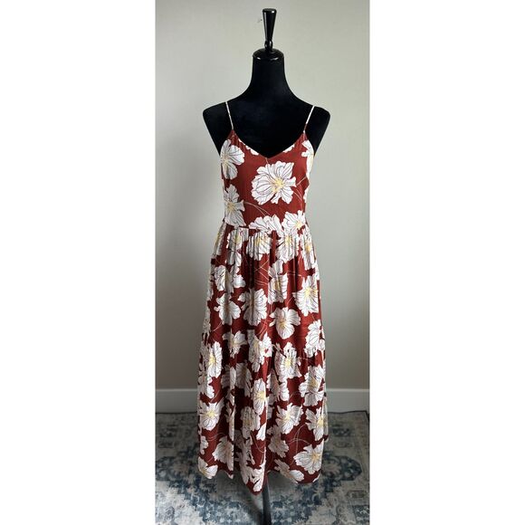 GAP Women's Strappy Rust Brown Cami Maxi Floral Print Tiered Maxi Dress Size 2 - Picture 1 of 9